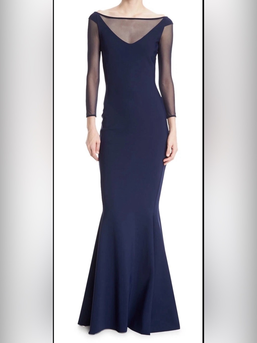 Chiara Boni Navy Long Evening Gown with Sheer Sleeves